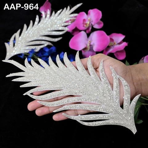 Exclusive 2 Pieces Silver Beaded Decorative Patches Leaf Embroidered Indian Sewing Thread Dresses Handcrafted Patches Crafting Appliques