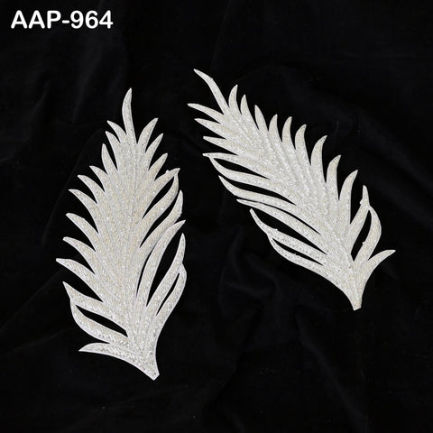 Exclusive 2 Pieces Silver Beaded Decorative Patches Leaf Embroidered Indian Sewing Thread Dresses Handcrafted Patches Crafting Appliques