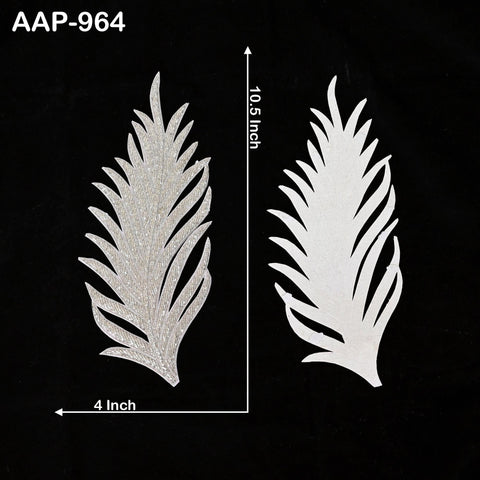 Exclusive 2 Pieces Silver Beaded Decorative Patches Leaf Embroidered Indian Sewing Thread Dresses Handcrafted Patches, 10.5 Inch Appliques