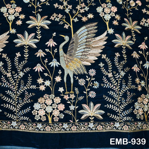 55 inches Blue Indian Embroidered Velvet Fabric by the yard Sewing Crafting Wedding Dresses Theatrical Costumes Longline Jackets Waistcoats