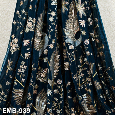 55 inches Blue Indian Embroidered Velvet Fabric by the yard Sewing Crafting Wedding Dresses Theatrical Costumes Longline Jackets Waistcoats