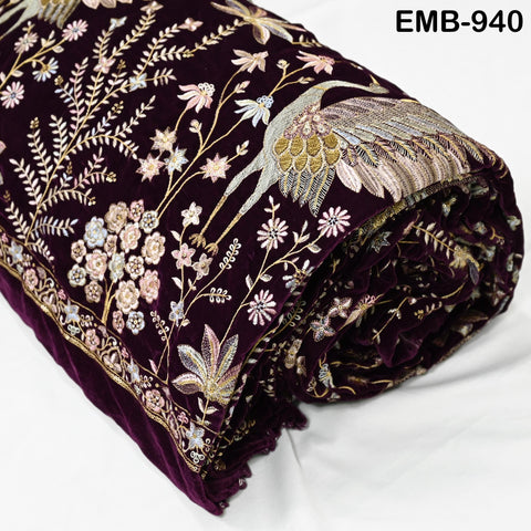 55 inches Wine Indian Embroidered Velvet Fabric by the yard Sewing Crafting Wedding Dresses Theatrical Costumes Longline Jackets Waistcoats