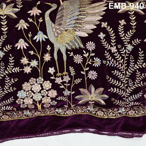 55 inches Wine Indian Embroidered Velvet Fabric by the yard Sewing Crafting Wedding Dresses Theatrical Costumes Longline Jackets Waistcoats