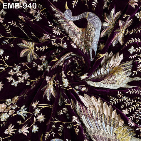 55 inches Wine Indian Embroidered Velvet Fabric by the yard Sewing Crafting Wedding Dresses Theatrical Costumes Longline Jackets Waistcoats