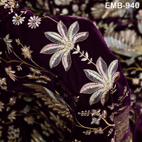 55 inches Wine Indian Embroidered Velvet Fabric by the yard Sewing Crafting Wedding Dresses Theatrical Costumes Longline Jackets Waistcoats