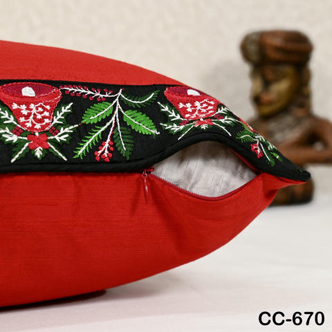 Red Dupioni Silk Cushion Cover: Christmas Bell Embroidered Pillow