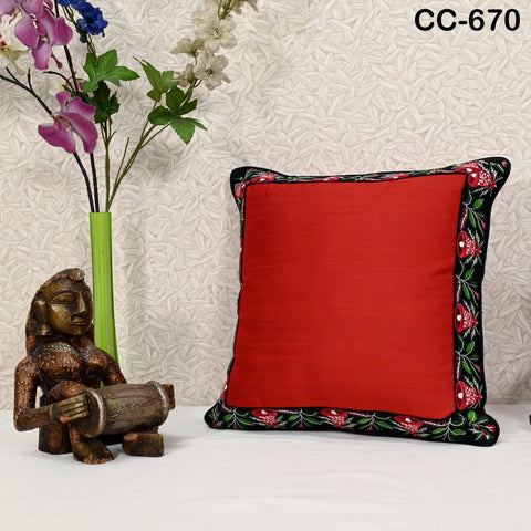 Red Dupioni Silk Cushion Cover: Christmas Bell Embroidered Pillow