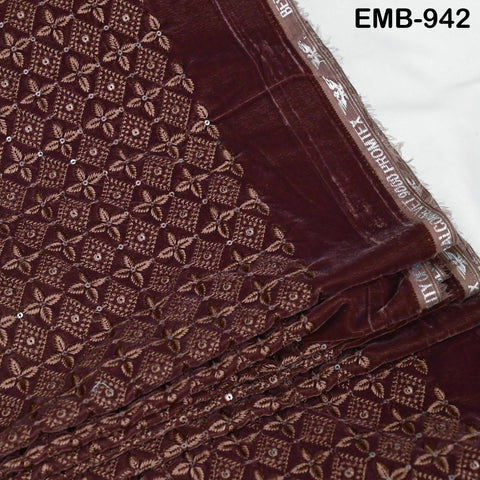 Brown Indian Embroidered Velvet Fabric by the yard Sewing DIY Crafting Wedding Shift Dresses Theatrical Costumes Longline Jackets Waistcoats