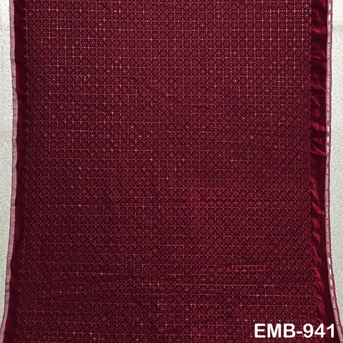Maroon Indian Embroidered Velvet Fabric by the yard Sewing DIY Crafting Wedding Shift Dresses Theatrical Costumes Longline Jackets Waistcoat