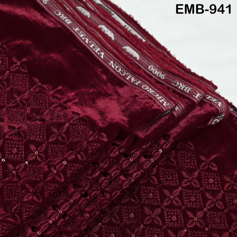 Maroon Indian Embroidered Velvet Fabric by the yard Sewing DIY Crafting Wedding Shift Dresses Theatrical Costumes Longline Jackets Waistcoat