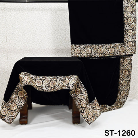 Black Velvet Shawl Dupatta – Embroidered Floral Border Wrap for Bridal, Partywear & Groom Sherwani