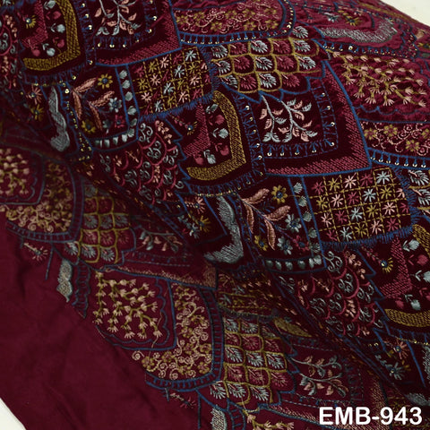 Maroon Indian Embroidered Velvet Fabric by the yard Sewing Crafting Wedding Dress Costumes Doll Bags Cushion Covers Table Runner Quilting