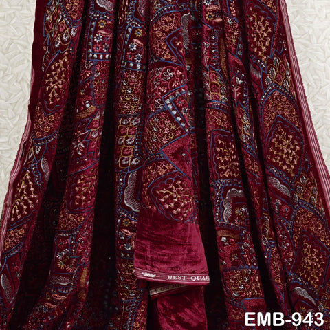 Maroon Indian Embroidered Velvet Fabric by the yard Sewing Crafting Wedding Dress Costumes Doll Bags Cushion Covers Table Runner Quilting