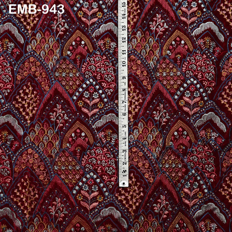Maroon Indian Embroidered Velvet Fabric by the yard Sewing Crafting Wedding Dress Costumes Doll Bags Cushion Covers Table Runner Quilting