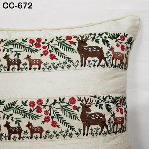 Christmas Reindeer Dupioni Silk Cushion Cover – Ivory Holiday Decor | Festive Throw Pillow | Handmade by Hathkargaha