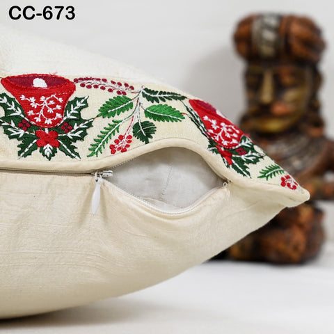 Christmas Bell Dupioni Silk Cushion Cover – Ivory Holiday Decor | Festive Throw Pillow | Handmade by Hathkargaha