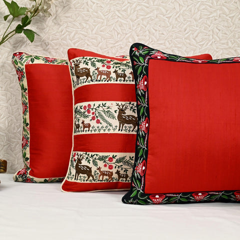 Red & Ivory Dupioni Silk Cushion Cover – Christmas Bell Holiday Decor | Festive Throw Pillow | Handmade by Hathkargaha