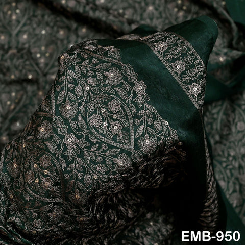 Green Indian Embroidered Velvet Fabric by the yard Sewing DIY Crafting Wedding Shift Dresses Theatrical Costumes Longline Jackets Waistcoat