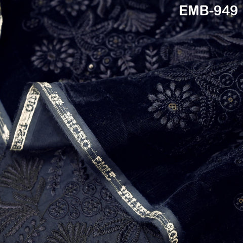 Blue Indian Embroidered Velvet Fabric by the yard Sewing DIY Crafting Wedding Shift Dresses Theatrical Costumes Longline Jackets Waistcoat