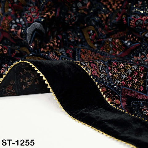 Embroidered Velvet Shawl Dupatta – Black Designer Velvet Wrap with Sequin Floral Border for Wedding, Bridal, Partywear