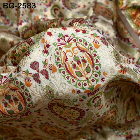 Beige Brocade Fabric by the Yard Indian Banarasi Winter Wedding Dress Brides Mother Knee Length Coat Theatrical Historic Costumes