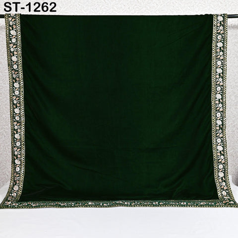 Green Velvet Shawl Designer Dupatta Embroidery on edge Gift for Women Indian Embroidered Chunni Bridal Veil Lehenga Festival Punjabi Wedding