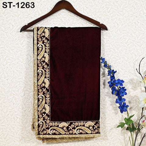 Burgundy Velvet Shawl Dupatta – Embroidered Floral Border Wrap for Bridal, Partywear & Groom Sherwani