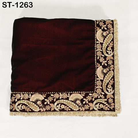 Burgundy Velvet Shawl Dupatta – Embroidered Floral Border Wrap for Bridal, Partywear & Groom Sherwani