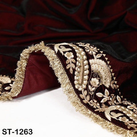 Burgundy Velvet Shawl Dupatta – Embroidered Floral Border Wrap for Bridal, Partywear & Groom Sherwani