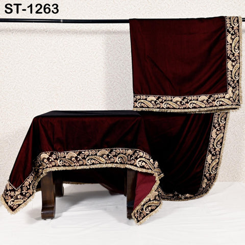 Burgundy Velvet Shawl Dupatta – Embroidered Floral Border Wrap for Bridal, Partywear & Groom Sherwani