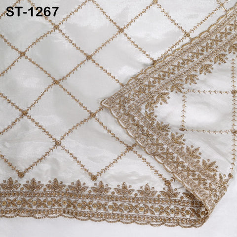 Gold Embroidered Dyeable Dupatta | Viscose Silk Stole with Scalloped Border | Bridal, Wedding, Festive Shawl | Custom Dyeable Dupatta