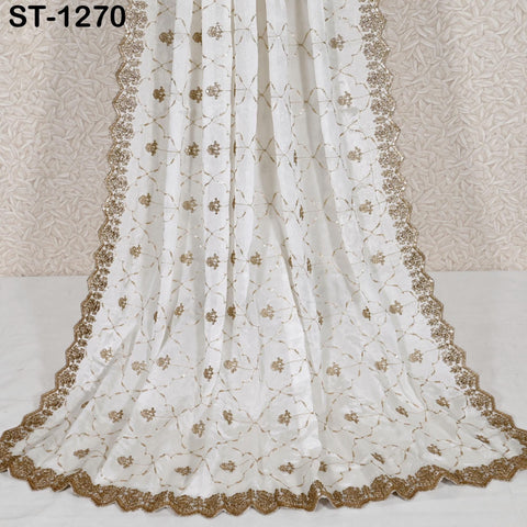 Gold Embroidered Dyeable Dupatta – Chiffon Stole with Scalloped Border | Bridal, Wedding, Festive Shawl | Custom Dyeable Dupatta