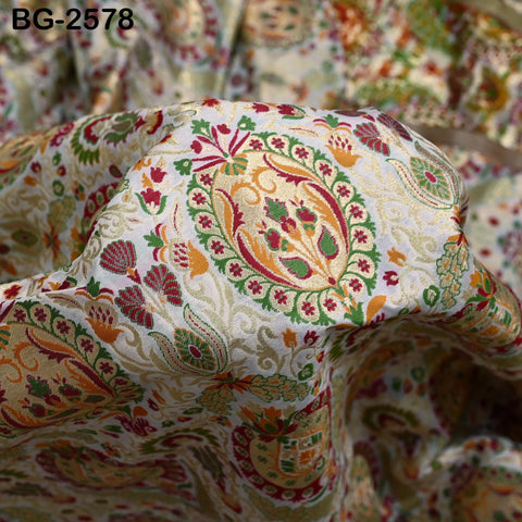 Ivory Brocade Fabric by the Yard Historic Costume Indian Banarasi Wedding Dresses Material Knee Length Coat Sewing Upholstery Drapery