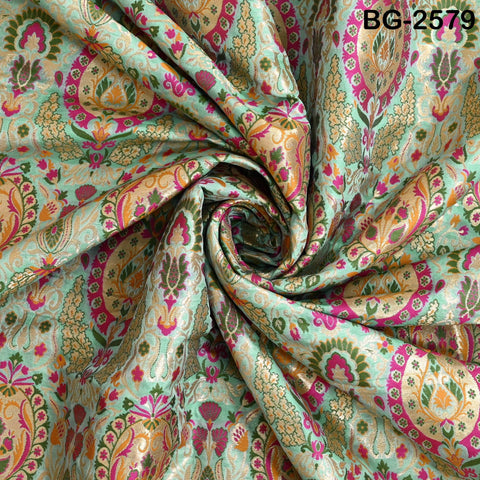 Sea Green Brocade Fabric by the Yard Historic Costume Indian Banarasi Wedding Dresses Material Knee Length Coat Sewing Upholstery Drapery