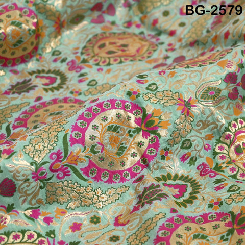 Sea Green Brocade Fabric by the Yard Historic Costume Indian Banarasi Wedding Dresses Material Knee Length Coat Sewing Upholstery Drapery