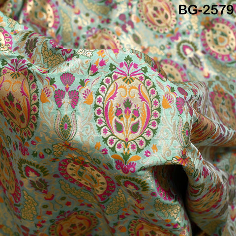 Sea Green Brocade Fabric by the Yard Historic Costume Indian Banarasi Wedding Dresses Material Knee Length Coat Sewing Upholstery Drapery