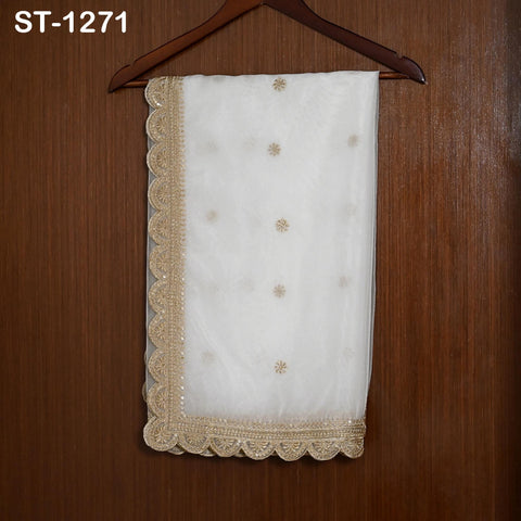 Zari Embroidered Dyeable Dupatta | Organza Stole with Scalloped Border Gold | Bridal, Wedding, Festive Shawl | Custom color