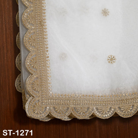 Zari Embroidered Dyeable Dupatta | Organza Stole with Scalloped Border Gold | Bridal, Wedding, Festive Shawl | Custom color