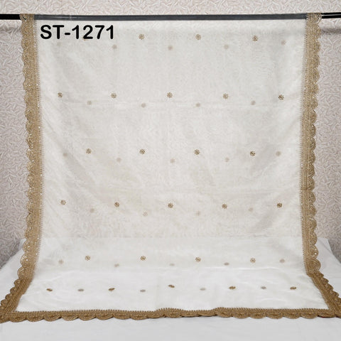 Zari Embroidered Dyeable Dupatta | Organza Stole with Scalloped Border Gold | Bridal, Wedding, Festive Shawl | Custom color