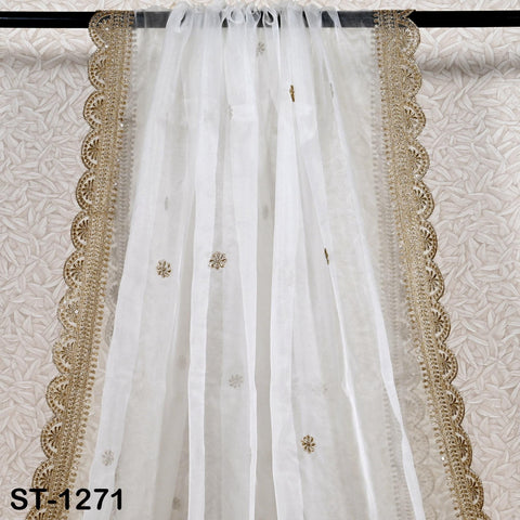 Zari Embroidered Dyeable Dupatta | Organza Stole with Scalloped Border Gold | Bridal, Wedding, Festive Shawl | Custom color