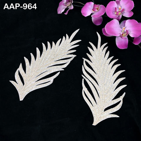 Exclusive 2 Pieces Silver Beaded Decorative Patches Leaf Embroidered Indian Sewing Thread Dresses Handcrafted Patches Crafting Appliques