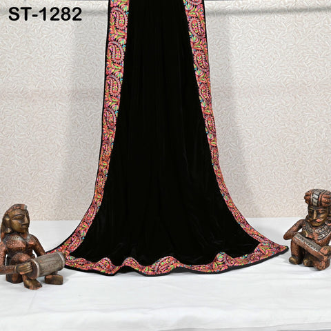 Black Velvet Shawl Dupatta – Embroidered Floral Border Wrap for Bridal, Partywear & Groom Sherwani