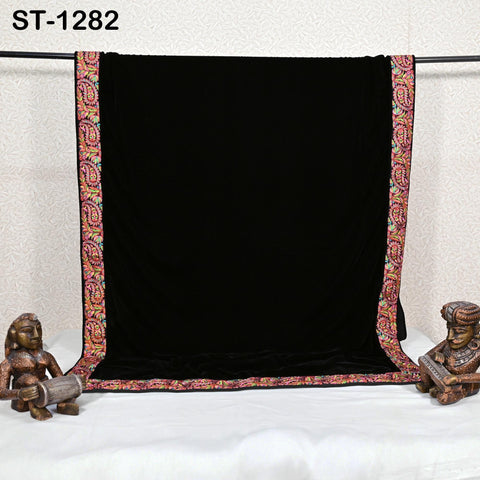 Black Velvet Shawl Dupatta – Embroidered Floral Border Wrap for Bridal, Partywear & Groom Sherwani