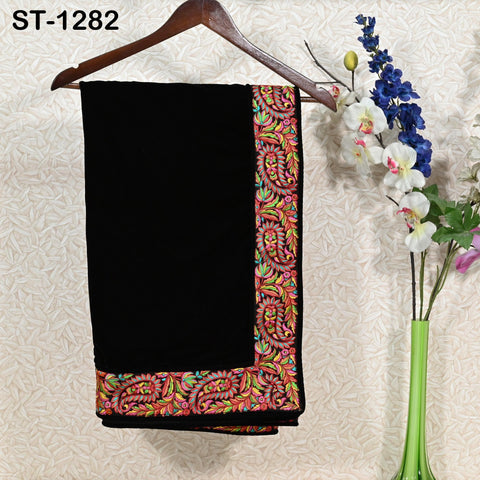 Black Velvet Shawl Dupatta – Embroidered Floral Border Wrap for Bridal, Partywear & Groom Sherwani