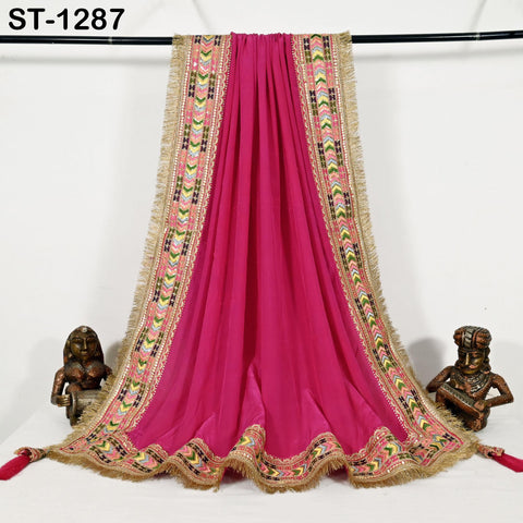 Fuchsia Silk Crepe Designer Women Dupatta Bridal Wedding lehenga Chunni/Veil Beads Sequin Scarf Indian Ethnic Dress Stole Gift Bridesmaid