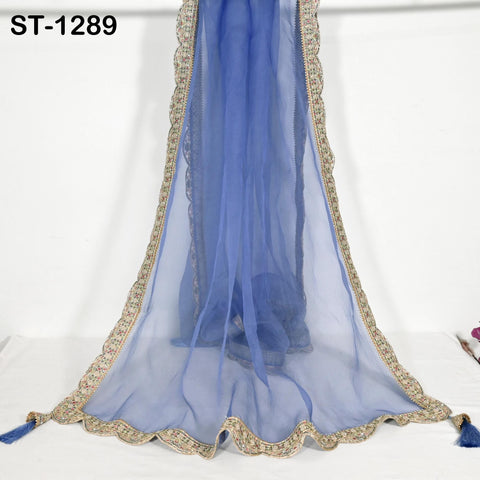 Blue Hand Embroidery Silk Organza Dupatta Light Weight Indian Bridal Wedding Chunni Veil Scarf Women Dress Gift Wife, Sister