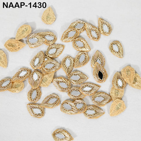 100 pcs Zardozi Leaf Appliques 2.5 cm Indian Handmade Golden Patches Sew on Wedding Dress, Sari Embellishment Beaded Patch DIY Craft Supply