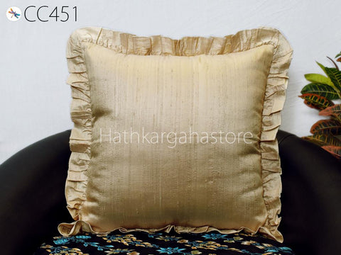 Beige Dupioni Frill Throw Pillow Pure Silk Square Pillowcase Euro Sham 26x26 Decorative Cushion Cover Home Decor House Warming Wedding Gift