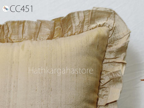 Beige Dupioni Frill Throw Pillow Pure Silk Square Pillowcase Euro Sham 26x26 Decorative Cushion Cover Home Decor House Warming Wedding Gift