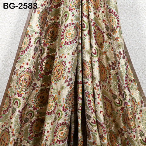 Beige Brocade Fabric by the Yard Indian Banarasi Winter Wedding Dress Brides Mother Knee Length Coat Theatrical Historic Costumes